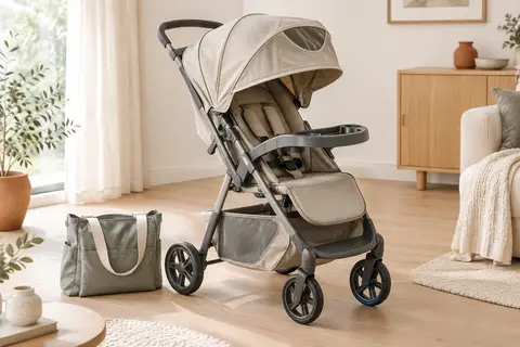 Poussette Lionelo Emma Plus gris pierre dépliée, avec capote à fenêtre, panier sous le siège et roues EVA
