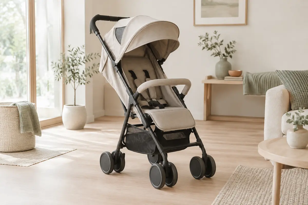 Poussette canne beige sable avec capote, arceau et panier, présentée dans une pièce familiale lumineuse