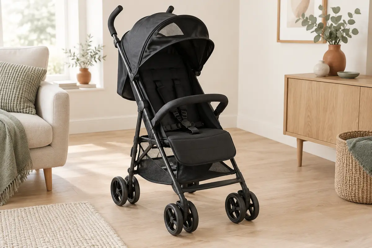 Poussette canne noire Lionelo Elia dépliée, avec capote extensible, dans une pièce lumineuse au décor épuré.