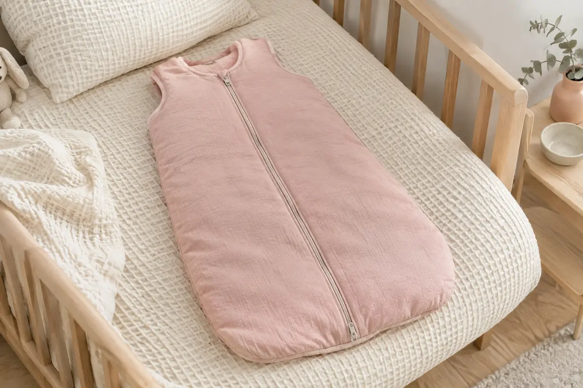 Gigoteuse bébé rose en coton, coupe ample et double fermeture éclair dans une chambre claire