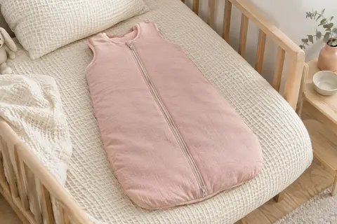 Gigoteuse bébé rose en coton, coupe ample et double fermeture éclair dans une chambre claire