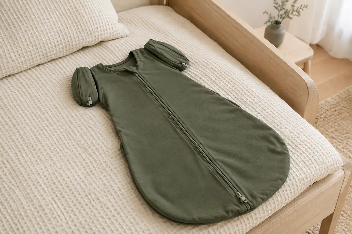 Gigoteuse de transition olive profond en coton extensible avec ailettes amovibles et double zip