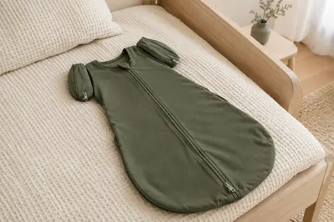 Gigoteuse de transition olive profond en coton extensible avec ailettes amovibles et double zip