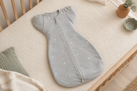Gigoteuse d’emmaillotage grise en maille de coton, avec forme à bras relevés et fermeture éclair double sens.