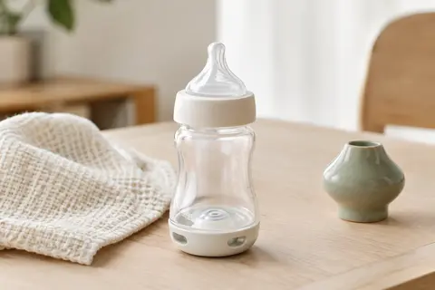 Biberon MAM neutre de 130 ml avec base aérée et tétine en silicone posé sur une table claire.