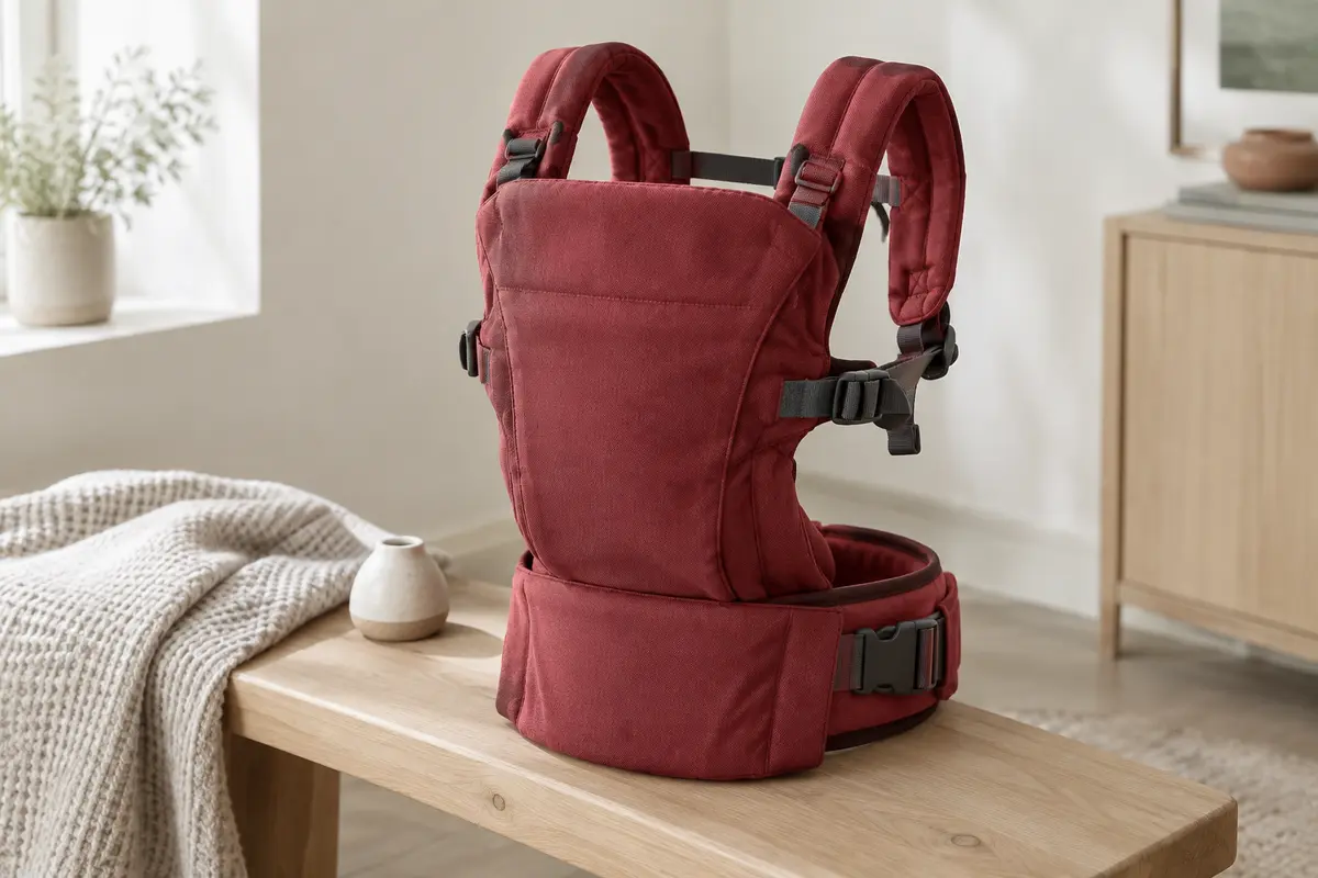 Porte-bébé structuré rouge en coton, avec ceinture ventrale et bretelles réglables, posé sur un banc en bois clair.