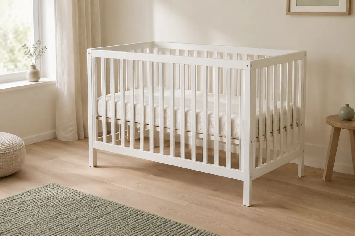 Lit bébé blanc en pin avec côtés à barreaux et matelas, dans une chambre lumineuse et épurée.