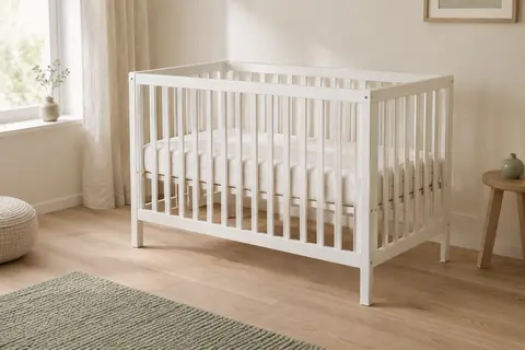 Lit bébé blanc en pin avec côtés à barreaux et matelas, dans une chambre lumineuse et épurée.