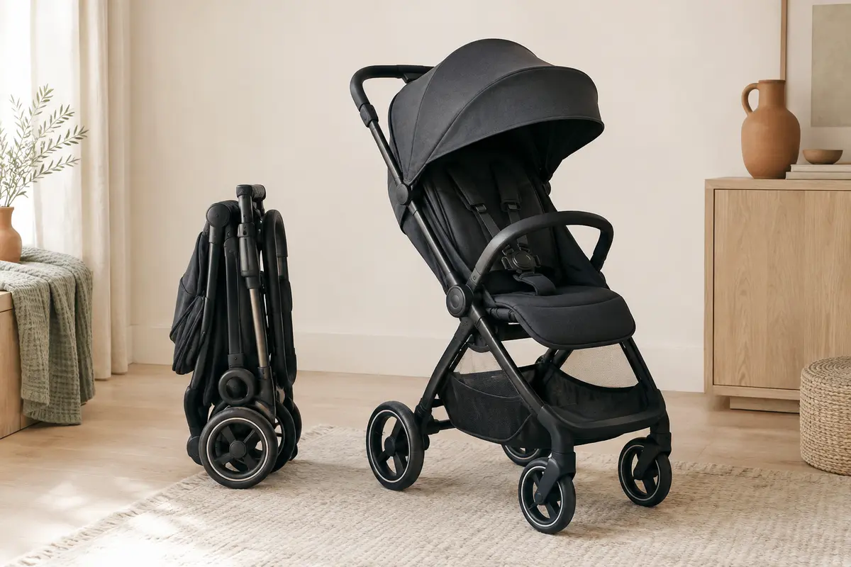 Poussette compacte noire à capote extensible, présentée dans un intérieur lumineux aux tons crème et bois clair