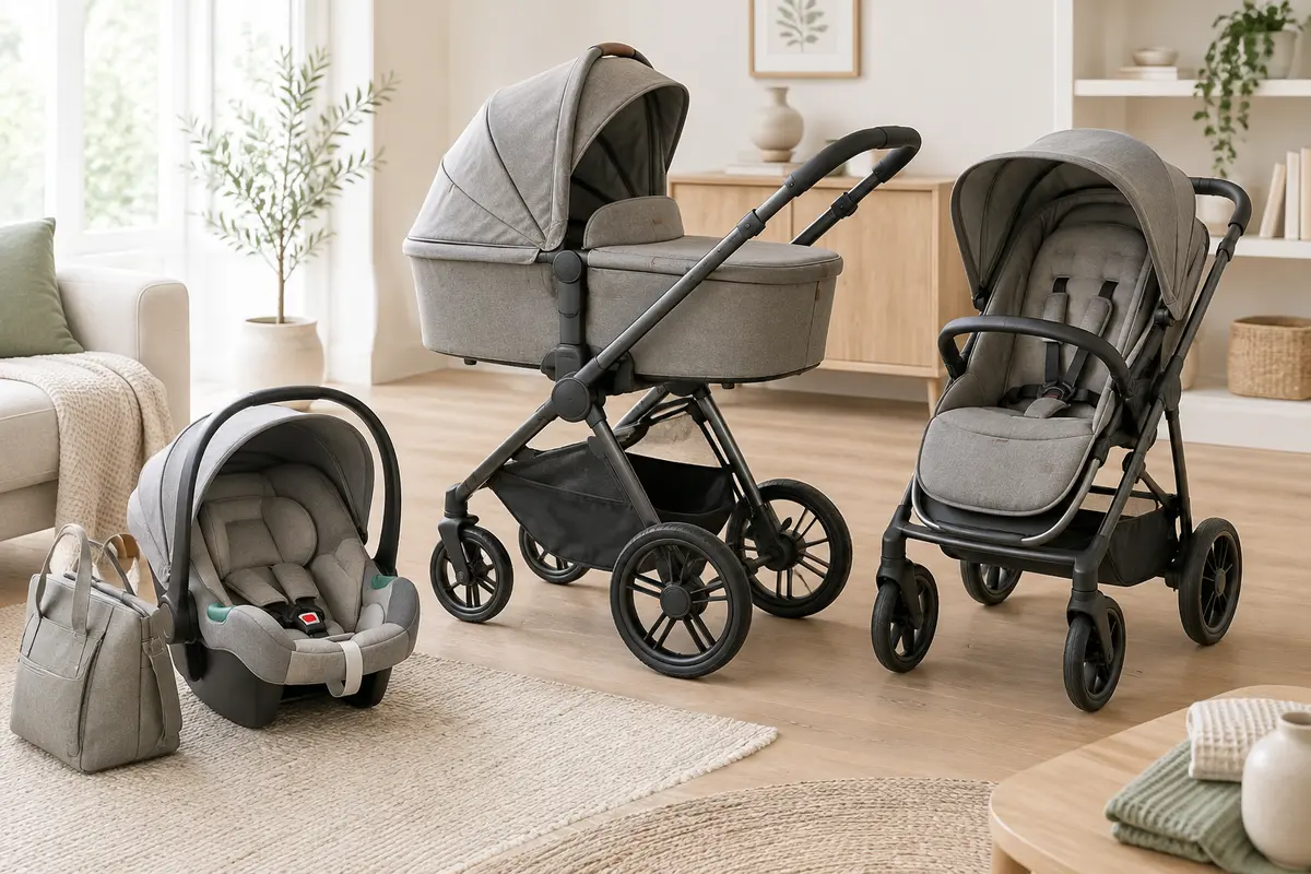Poussette trio grise avec nacelle convertible, siège-auto et panier dans un intérieur lumineux