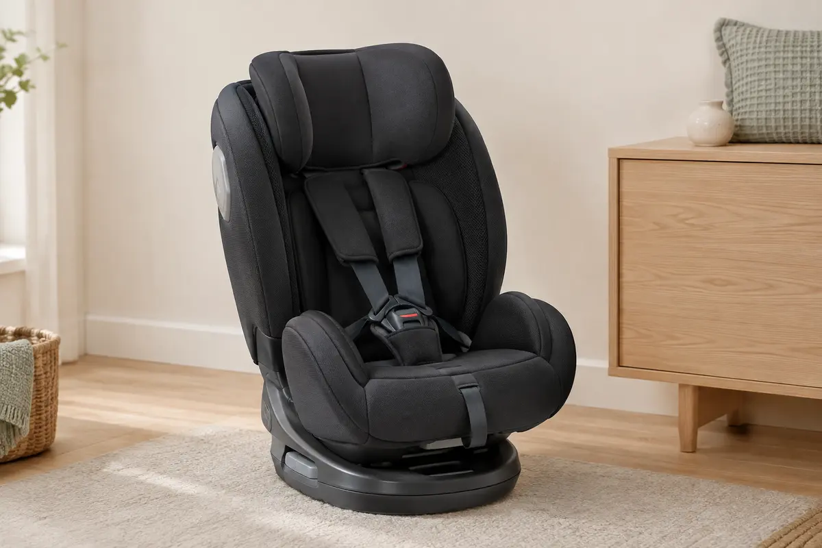 Siège auto pivotant Maxi-Cosi Emerald 360 S en tissu noir, avec appui-tête réglable et harnais cinq points.
