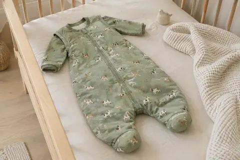 Gigoteuse enfant verte à motif de chien, avec manches amovibles et ouvertures pour les pieds