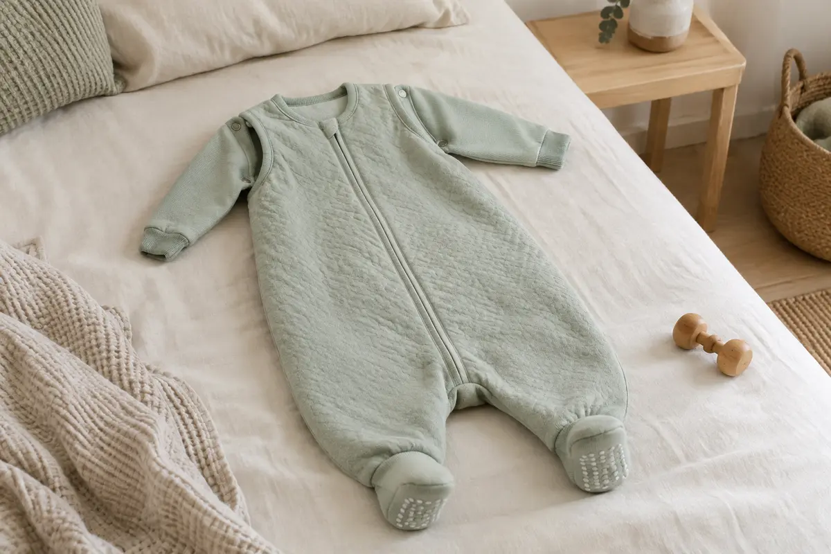 Gigoteuse en coton vert menthe grisé avec manches amovibles, jambes séparées et chaussettes intégrées