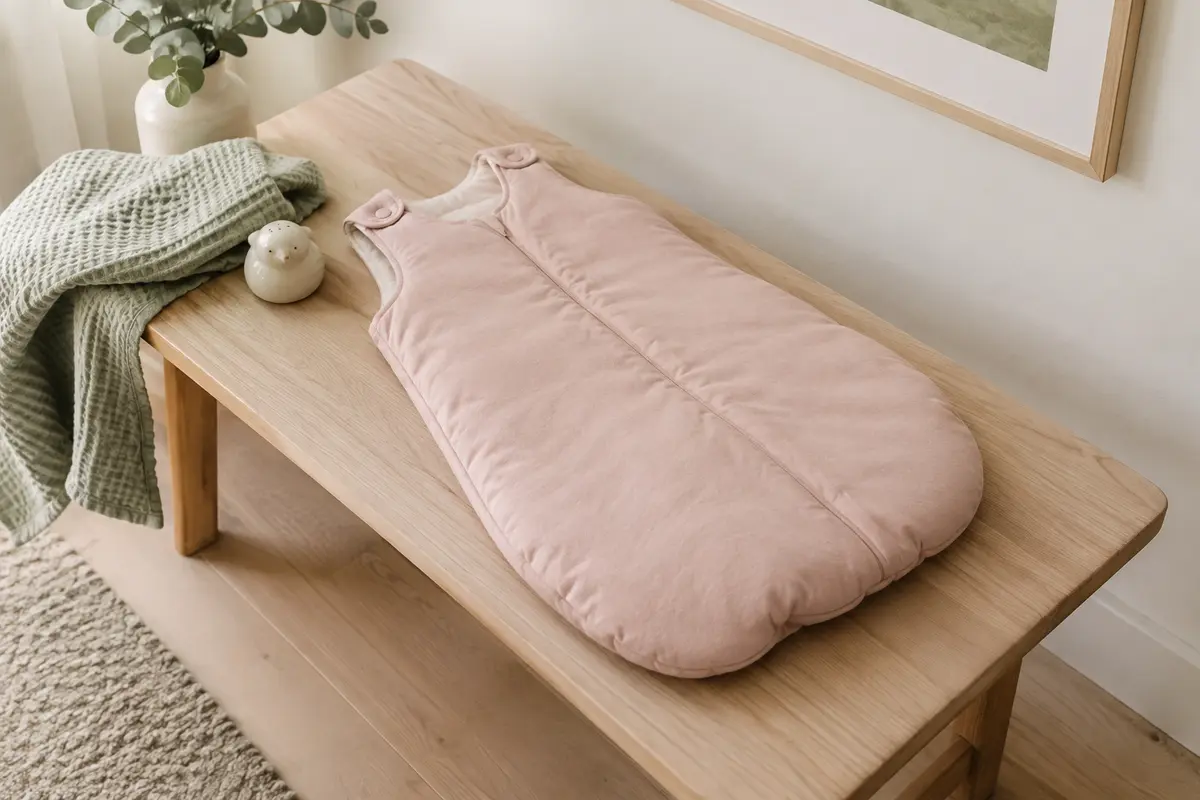 Gigoteuse à pieds Molis en coton rose poudré posée sur un lit en bois clair