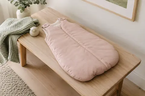 Gigoteuse à pieds Molis en coton rose poudré posée sur un lit en bois clair