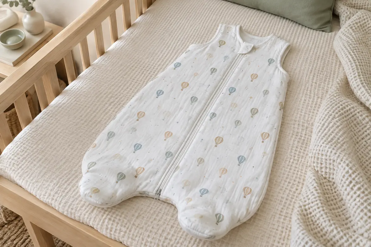 Gigoteuse d’été Molis à pieds en coton, posée dans une chambre lumineuse aux tons doux.