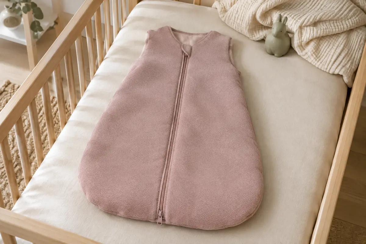 Gigoteuse bébé rose poudré en coton avec zip à double sens, présentée dans un décor lumineux et épuré.
