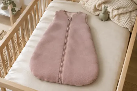 Gigoteuse bébé rose poudré en coton avec zip à double sens, présentée dans un décor lumineux et épuré.