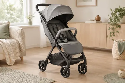 Poussette compacte grise Momi Estelle avec capote en tissu, harnais cinq points et grand panier inférieur.