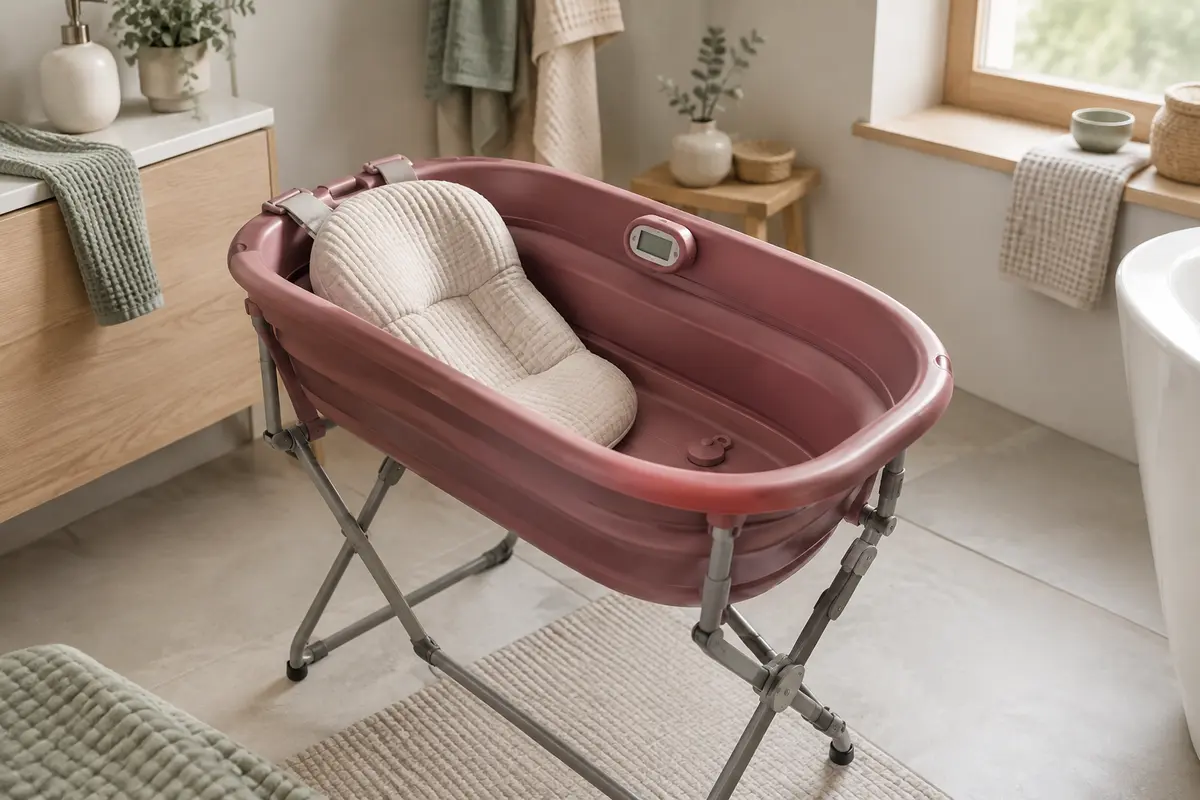 Baignoire bébé rose foncé avec support pliable, coussin de bain et thermomètre LCD intégré