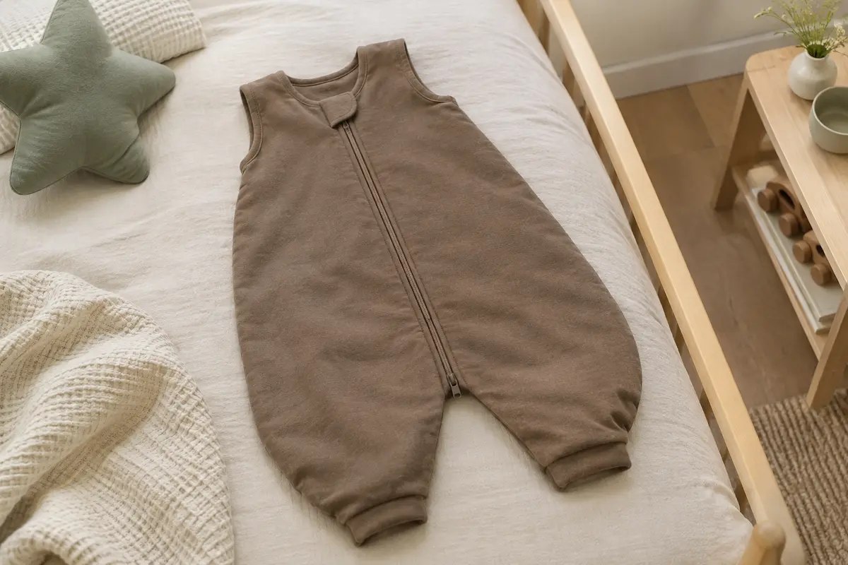 Gigoteuse enfant à jambes et sans manches, posée sur un lit en bois clair dans une chambre lumineuse.