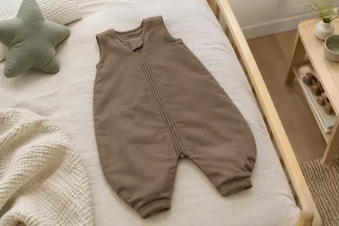 Gigoteuse enfant à jambes et sans manches, posée sur un lit en bois clair dans une chambre lumineuse.