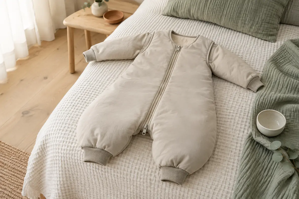 Gigoteuse à jambes avec manches amovibles et double fermeture éclair dans une chambre de bébé épurée.