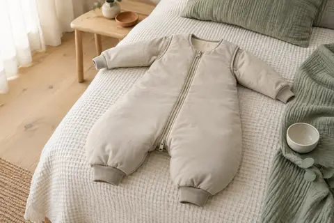 Gigoteuse à jambes avec manches amovibles et double fermeture éclair dans une chambre de bébé épurée.