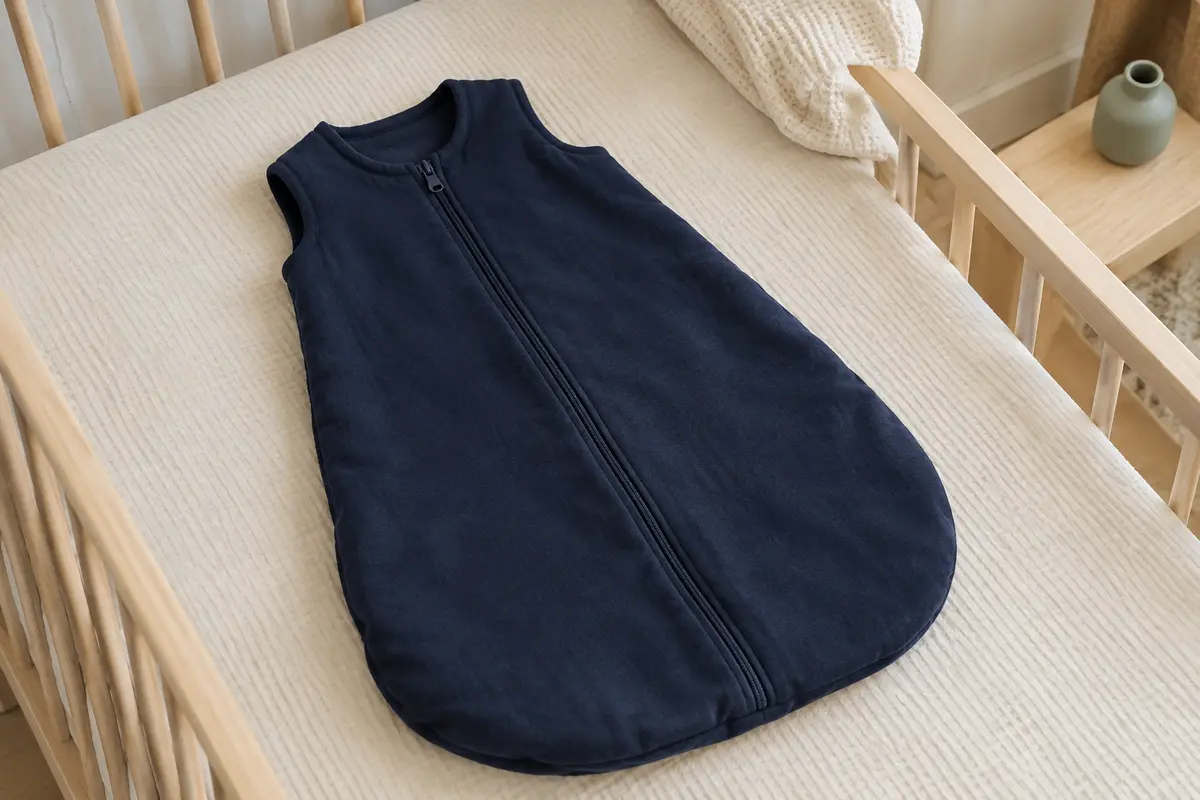 Gigoteuse bébé en coton bleu marine, sans manches, avec fermeture éclair, posée sur un meuble en bois clair