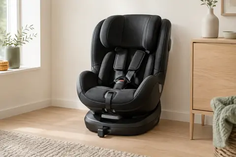 Siège auto convertible noir à têtière réglable installé sur une banquette dans un intérieur lumineux