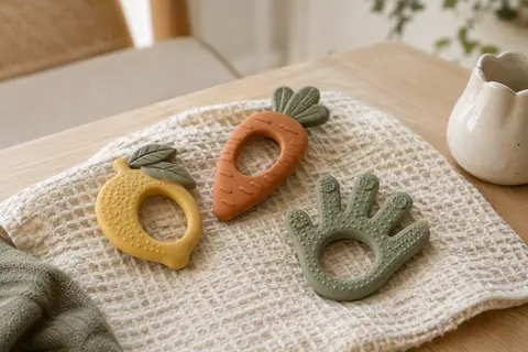 Trois anneaux de dentition Nuby en silicone, en forme de citron, carotte et main, posés sur du bois clair