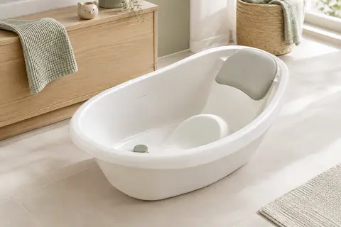 Baignoire bébé blanche Nuby avec appui-tête souple, siège intégré et bouchon de vidange