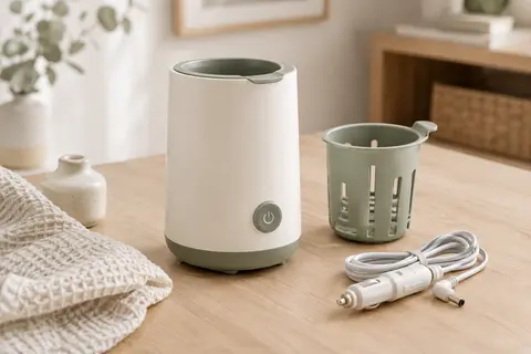 Chauffe-biberon portable en plastique avec panier amovible, posé près d’un biberon sur un plan de travail