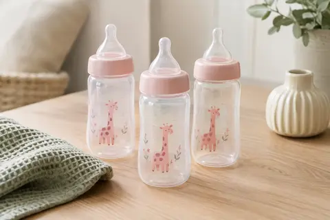 Trois biberons NUK de 300 ml avec tétines en silicone et motifs de girafe rose, posés sur du bois clair