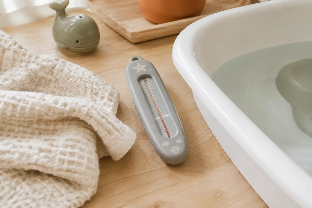 Thermomètre de bain analogique gris en plastique, avec une échelle graduée et des motifs marins