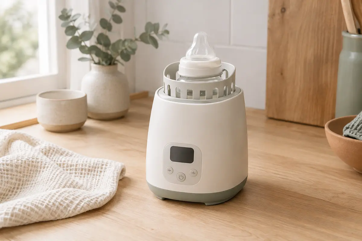 Chauffe-biberon électrique Nuliie avec écran LCD posé sur un plan de travail clair