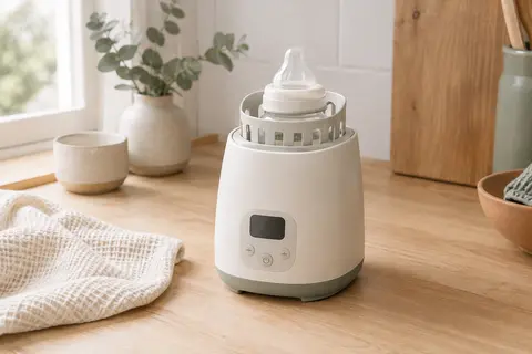 Chauffe-biberon électrique Nuliie avec écran LCD posé sur un plan de travail clair