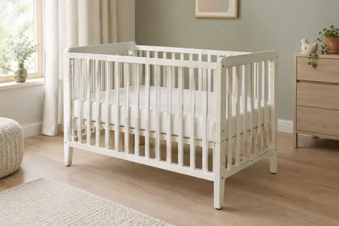 Lit bébé compact Obaby en pin blanc, avec côtés à lattes, installé dans une chambre lumineuse et épurée.