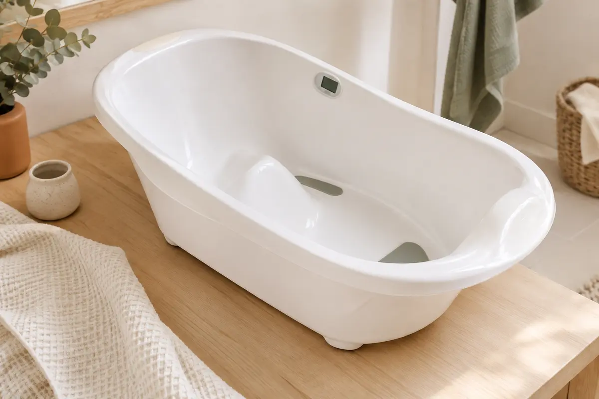 Baignoire bébé compacte blanche avec soutien ergonomique, thermomètre digital et patins antidérapants
