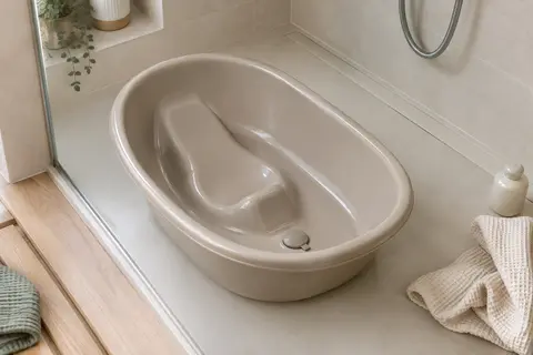 Baignoire bébé Okbaby Oplà taupe en plastique, avec assise ergonomique et bouchon de vidange, dans une salle de bain claire.