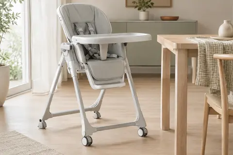 Chaise haute Peg Perego gris clair, avec plateau amovible, dossier inclinable et roulettes, dans une pièce lumineuse.