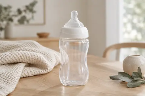 Biberon transparent de 330 ml avec tétine à Réponse Naturelle posé sur une table en bois clair.