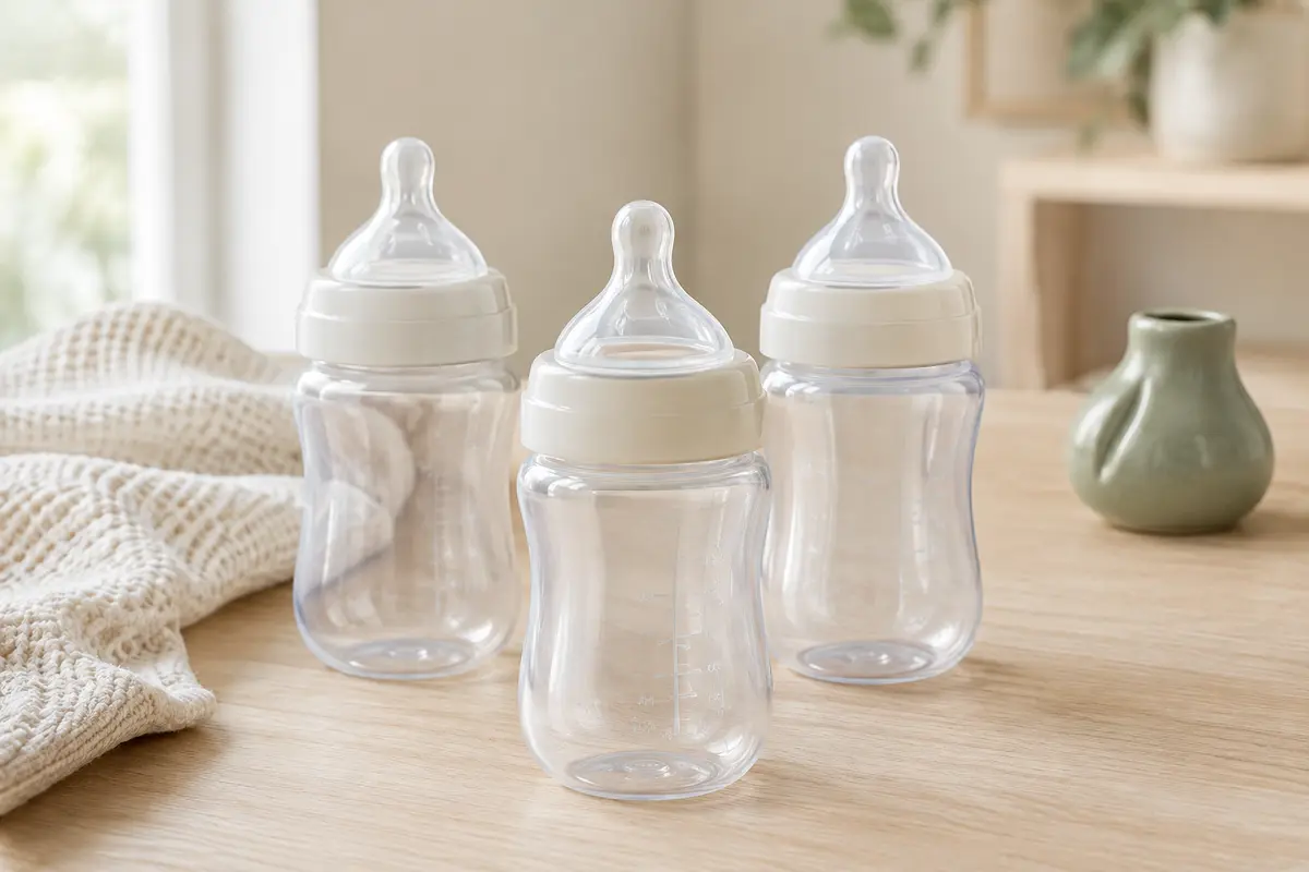 Trois biberons transparents de 260 ml avec tétines souples, posés sur une table en bois clair