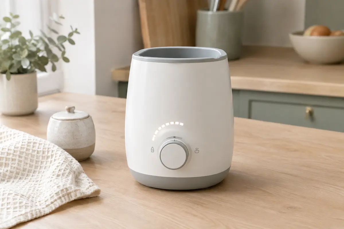 Chauffe-biberon compact posé sur un plan de travail en bois clair dans une cuisine lumineuse