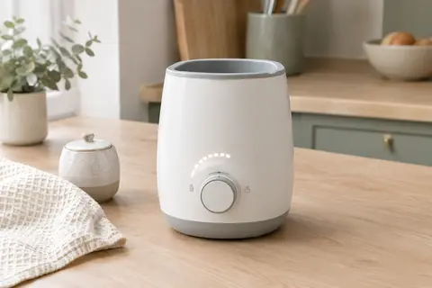 Chauffe-biberon compact posé sur un plan de travail en bois clair dans une cuisine lumineuse