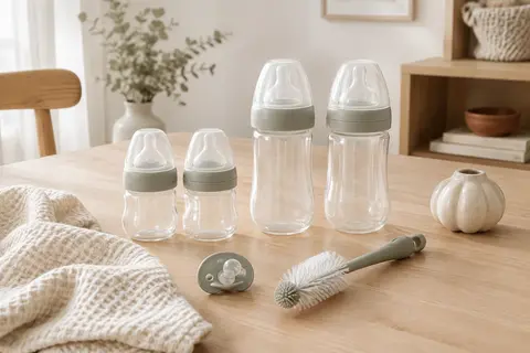Quatre biberons de deux formats avec valves AirFree, une sucette pour bébé et un goupillon