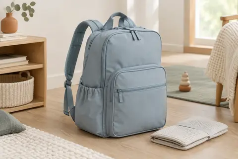 Sac à dos à langer bleu brume posé près d’un tapis plié dans une pièce lumineuse.