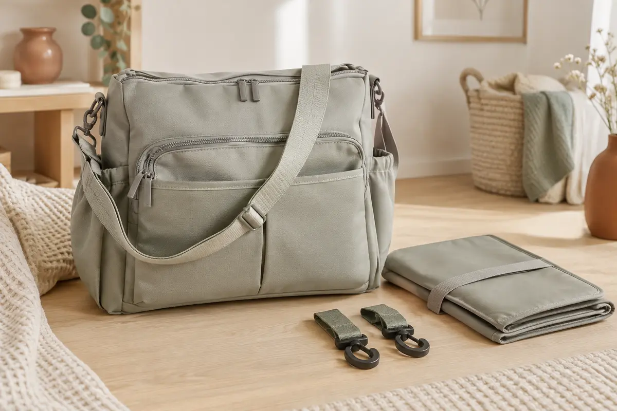 Sac à langer bandoulière avec ses rangements, le tapis à langer et deux crochets pour poussette