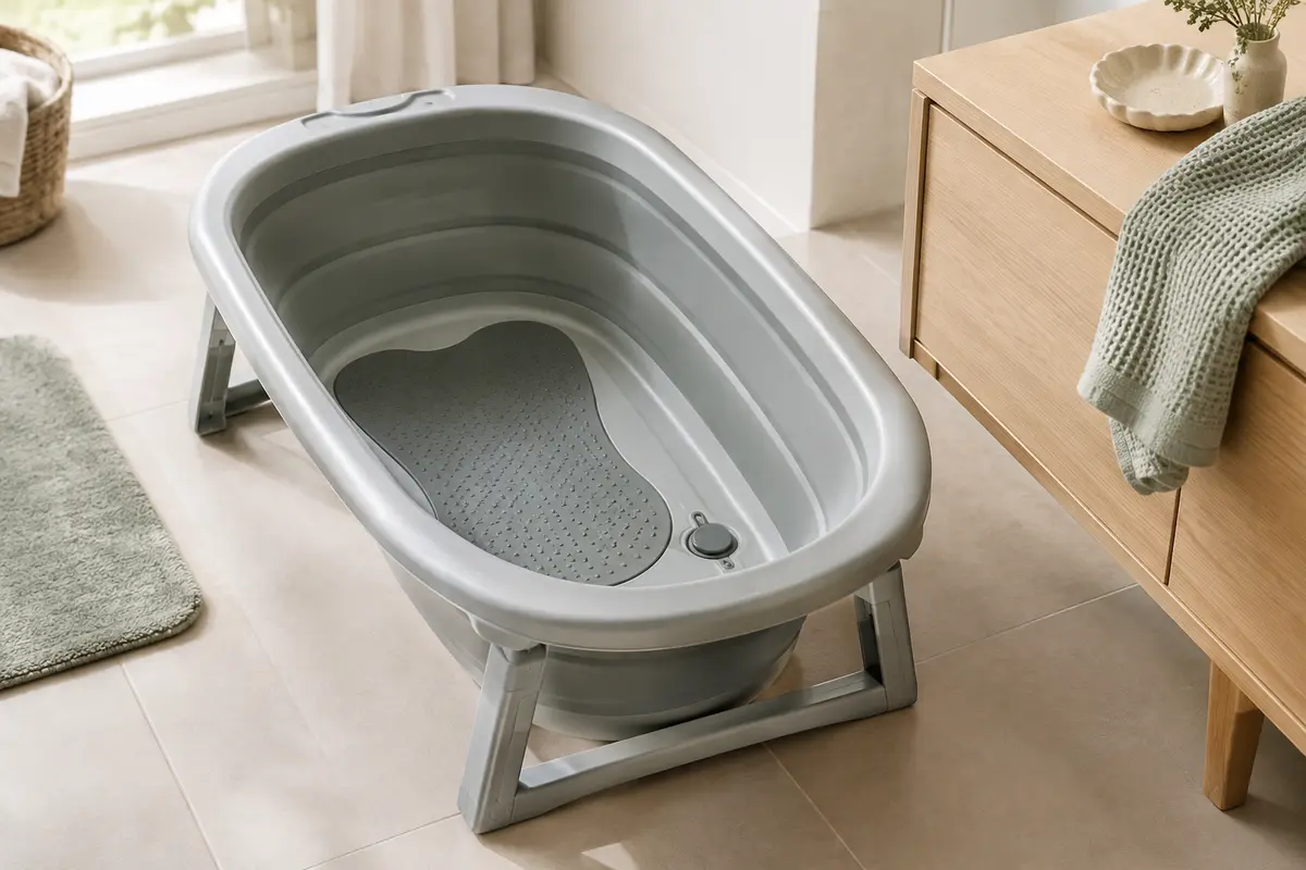 Baignoire bébé pliable grise avec coussin de soutien et sangles ajustables dans une salle de bains claire.