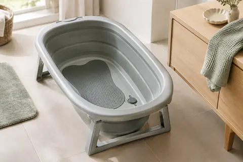 Baignoire bébé pliable grise avec coussin de soutien et sangles ajustables dans une salle de bains claire.